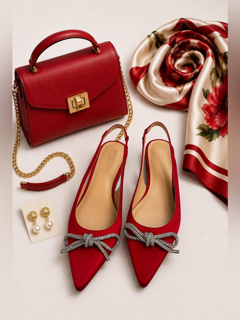 LOFT Red Satin Pointed Slingback Flats with Rhinestone Bow Detail